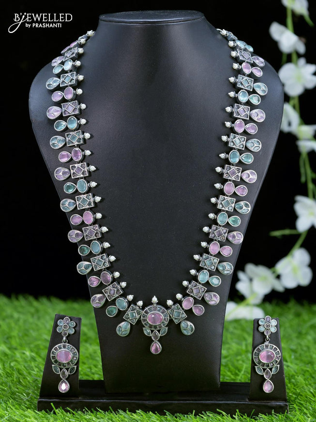 Oxidised necklace with baby pink and mint green stones - {{ collection.title }} by Prashanti Sarees