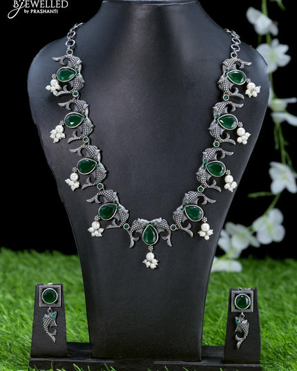 Oxidised necklace with fish design and emerald stones - {{ collection.title }} by Prashanti Sarees