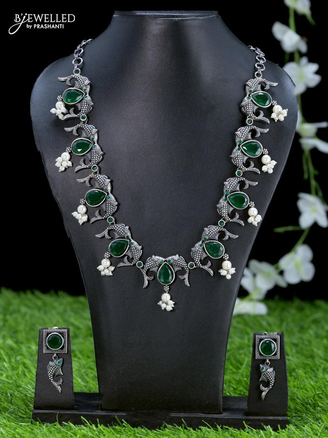 Oxidised necklace with fish design and emerald stones - {{ collection.title }} by Prashanti Sarees