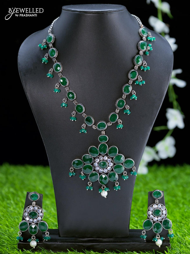 Oxidised necklace with green stones and hangings - {{ collection.title }} by Prashanti Sarees