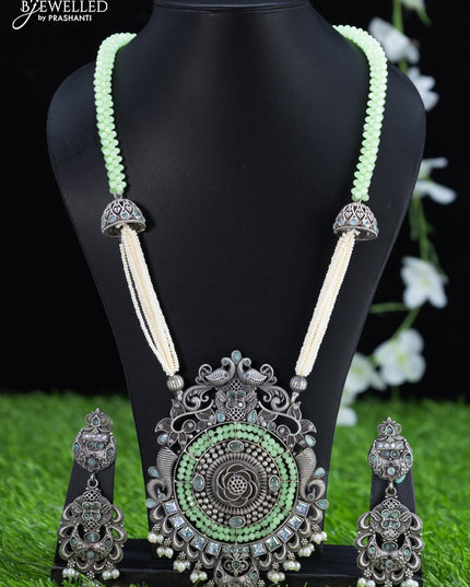Oxidised necklace with light green crystal beads and floral pendant - {{ collection.title }} by Prashanti Sarees