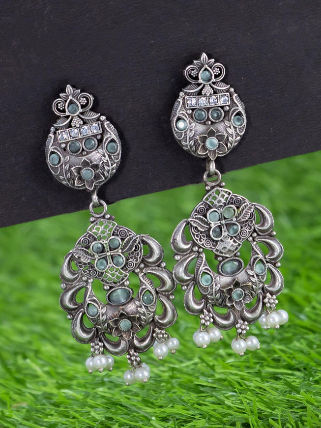 Oxidised necklace with light green crystal beads and floral pendant - {{ collection.title }} by Prashanti Sarees