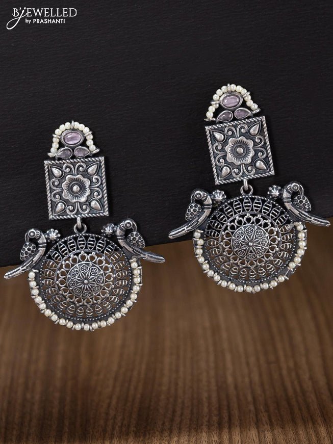 Oxidised peacock design earring with baby pink stone and pearl - {{ collection.title }} by Prashanti Sarees