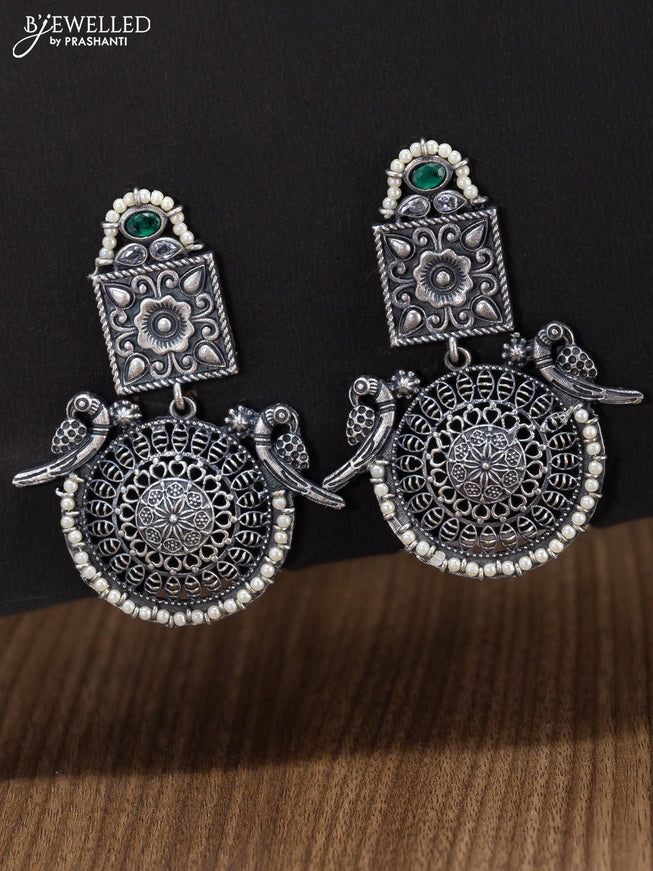 Oxidised peacock design earring with green stone and pearl - {{ collection.title }} by Prashanti Sarees