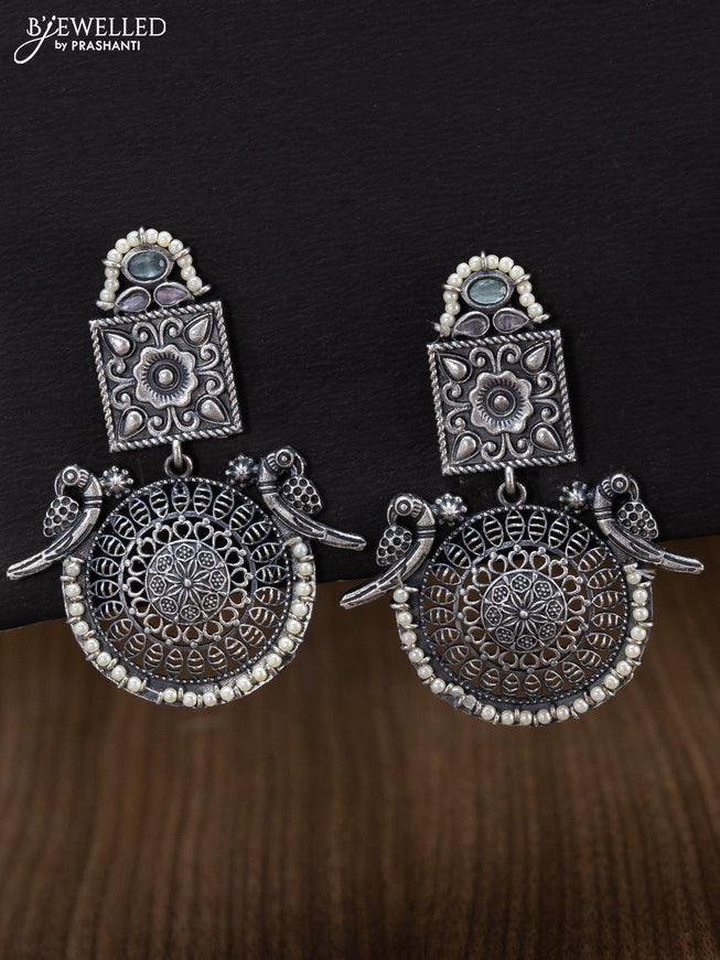 Oxidised peacock design earring with light blue stone and pearl - {{ collection.title }} by Prashanti Sarees
