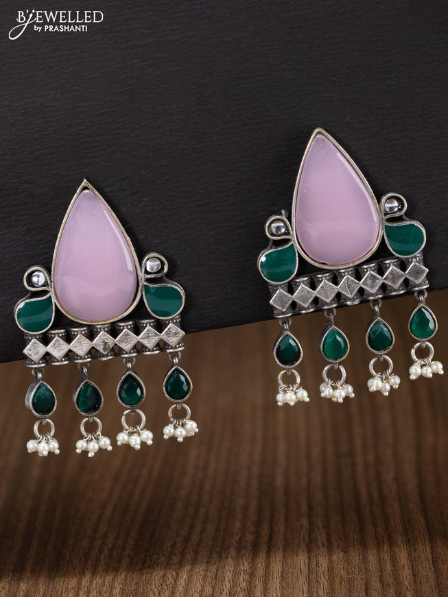 Oxidised pink and green stone earring with pearl hangings - {{ collection.title }} by Prashanti Sarees