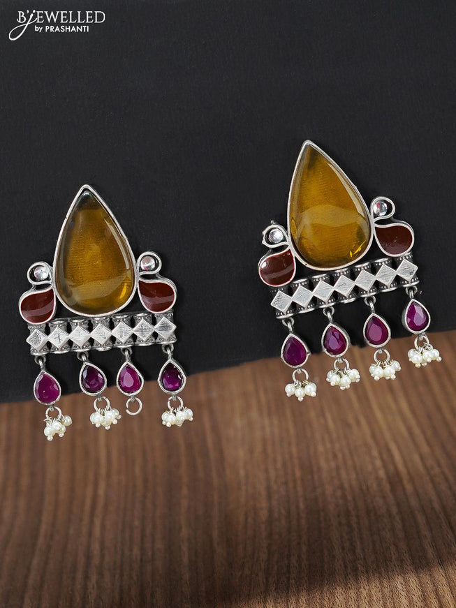 Oxidised rust shade and maroon stone earring with pearl hangings - {{ collection.title }} by Prashanti Sarees