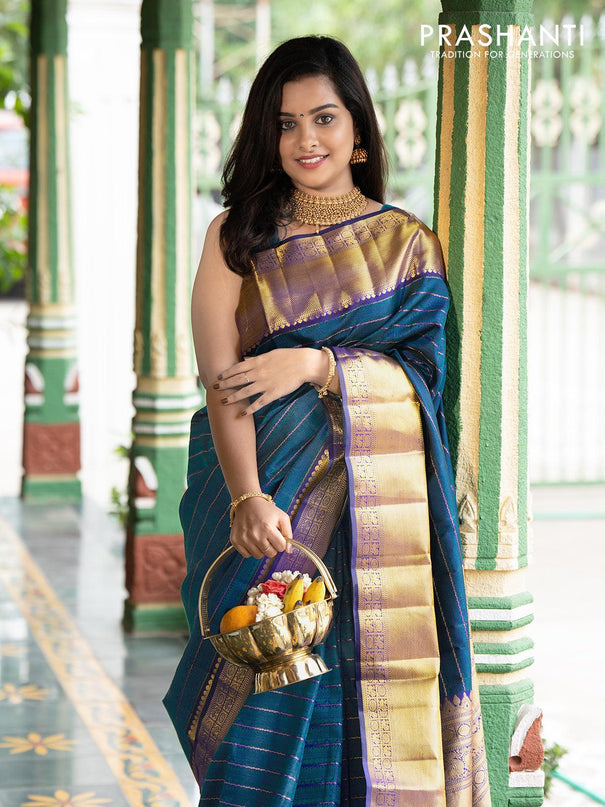 Pa - Pure kanjivaram silk saree deep navy blue and cs blue with lotus and rudhraksha emboss pattern and rich zari woven border - Pre Order - {{ collection.title }} by Prashanti Sarees