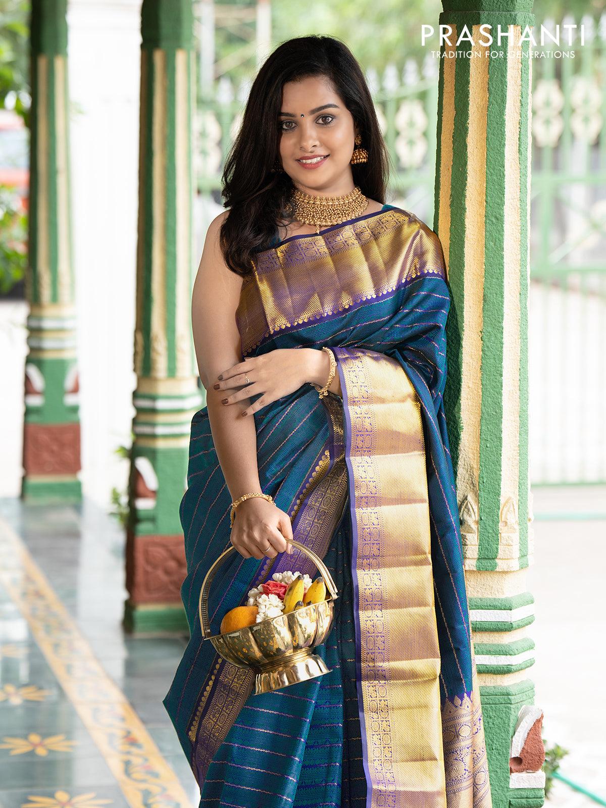 Pa Pure kanjivaram silk saree deep navy blue and cs blue with