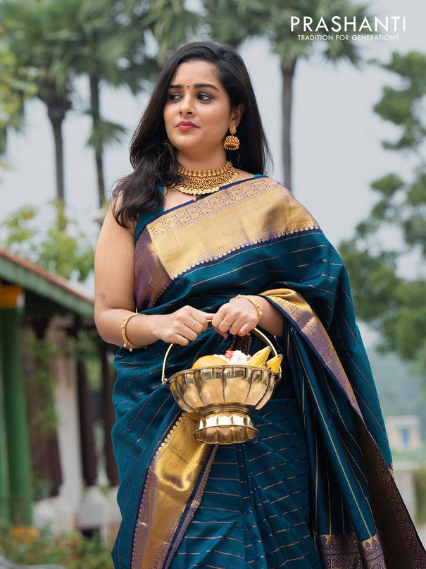 Pa - Pure kanjivaram silk saree deep navy blue and cs blue with lotus and rudhraksha emboss pattern and rich zari woven border - Pre Order - {{ collection.title }} by Prashanti Sarees