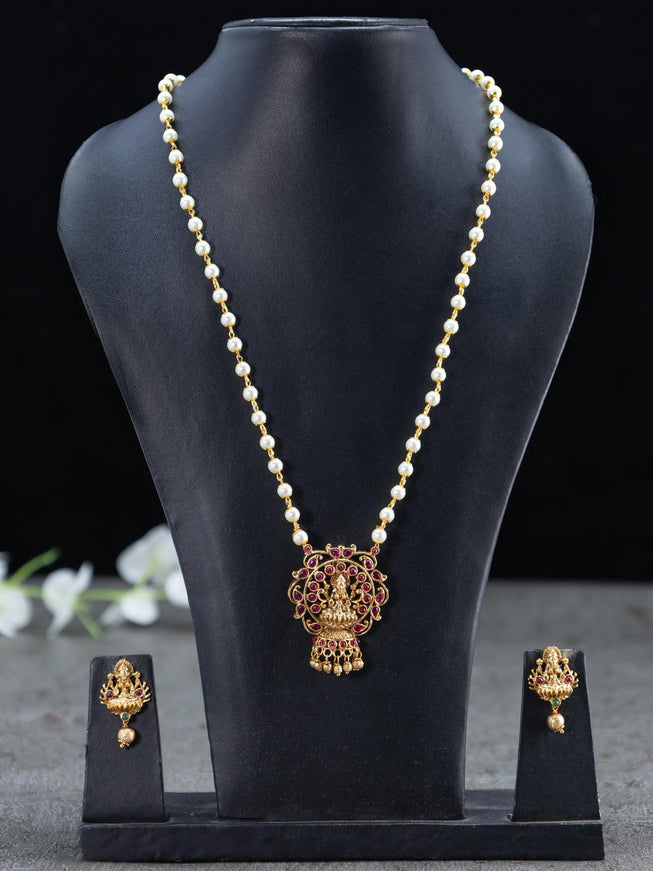 Pearl necklace pink kemp stones with lakshmi pendant and golden beads hangings - {{ collection.title }} by Prashanti Sarees