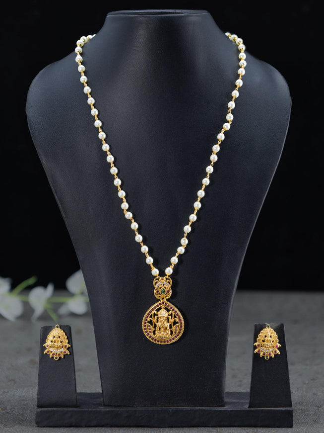 Pearl necklace with kemp & cz stones and lakshmi pendant - {{ collection.title }} by Prashanti Sarees