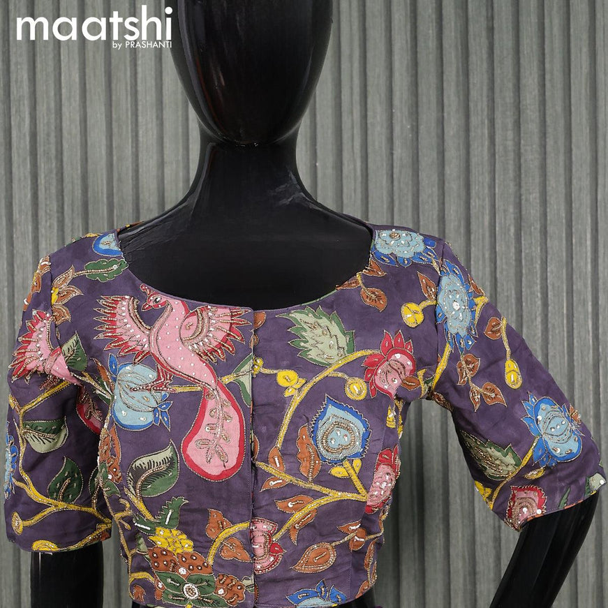 Pen Kalamkari Readymade blouse deep jamun shade with aari work - {{ collection.title }} by Prashanti Sarees