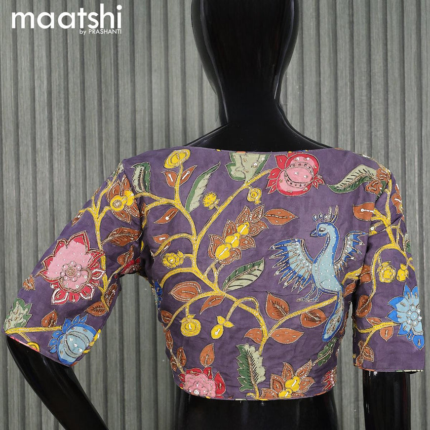 Pen Kalamkari Readymade blouse deep jamun shade with aari work - {{ collection.title }} by Prashanti Sarees