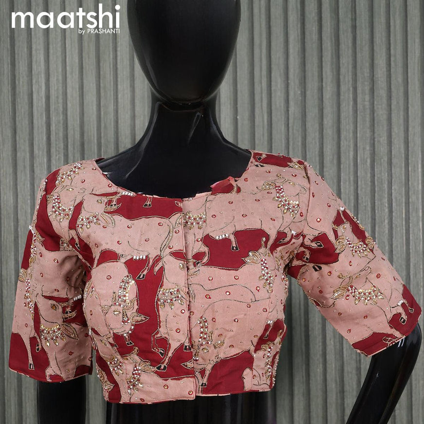 Pen Kalamkari Readymade blouse maroon and beige with aari work - {{ collection.title }} by Prashanti Sarees