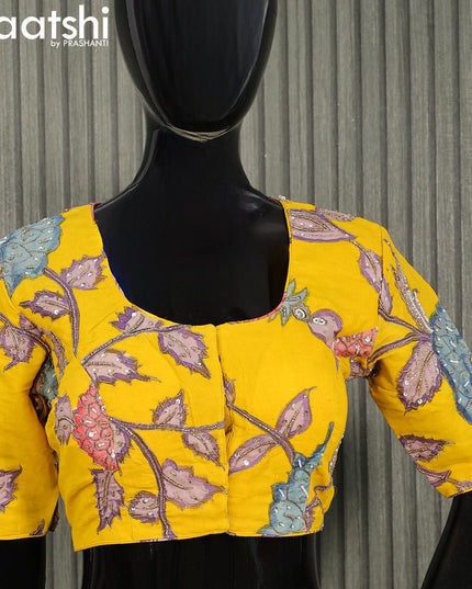 Pen Kalamkari Readymade blouse yellow with aari work - {{ collection.title }} by Prashanti Sarees