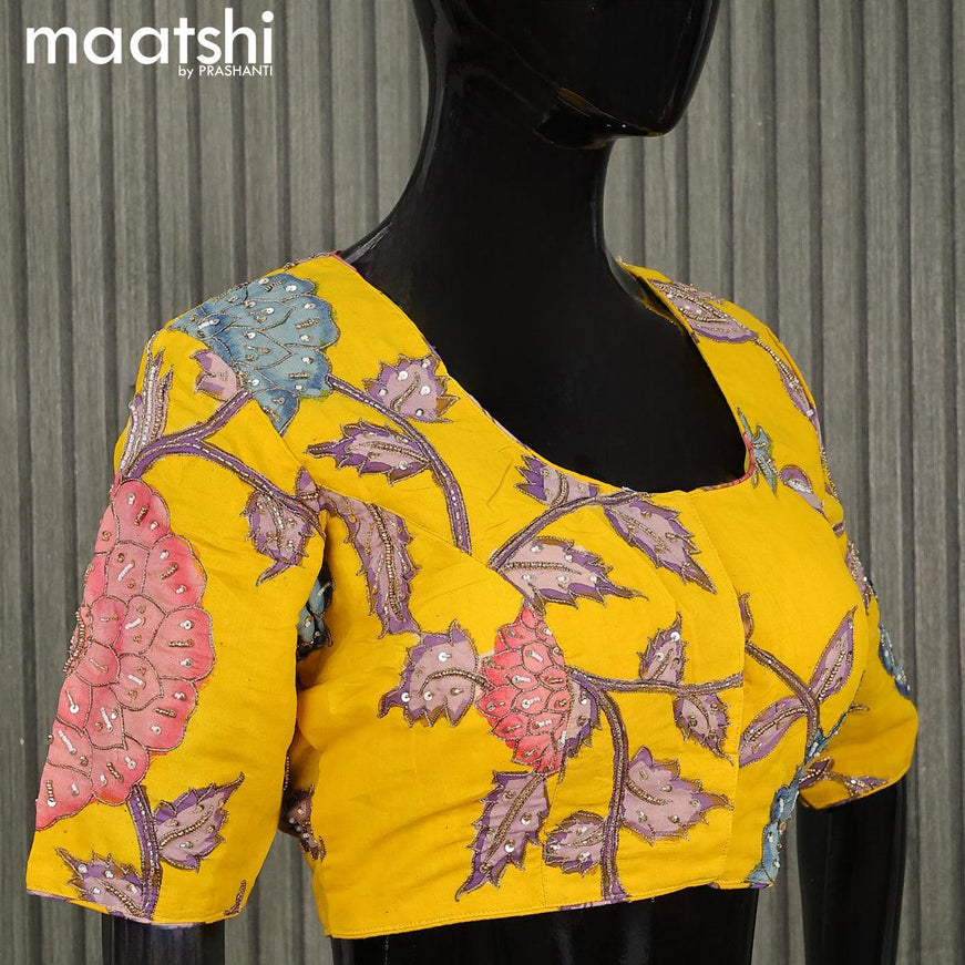 Pen Kalamkari Readymade blouse yellow with aari work - {{ collection.title }} by Prashanti Sarees