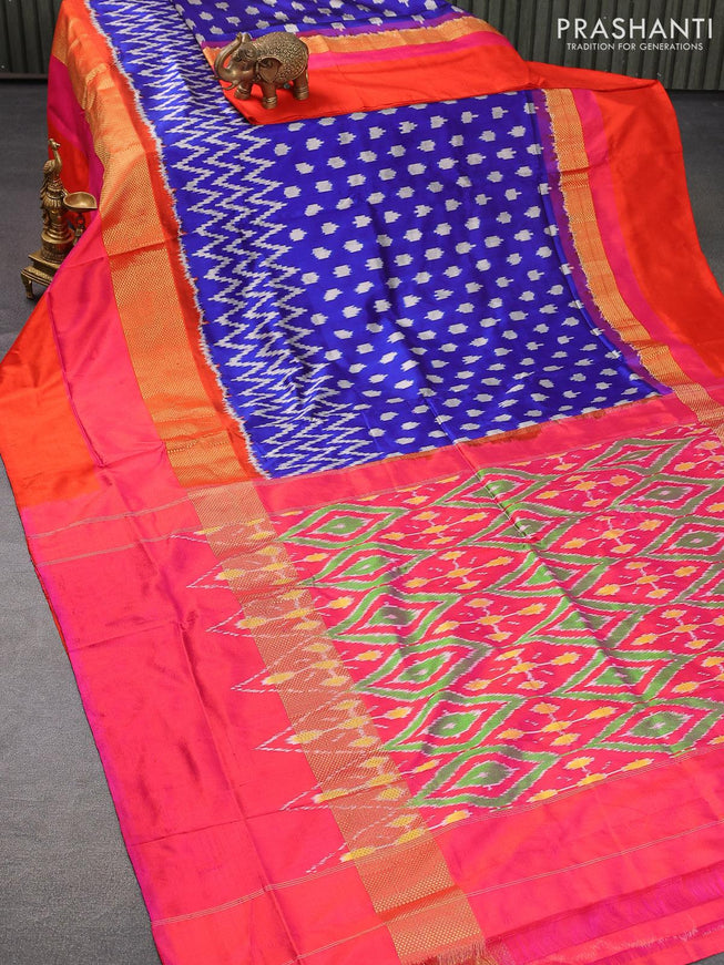 Pochampally silk saree blue and dual shade of pinkish orange with ikat butta weaves and zari woven simple border - {{ collection.title }} by Prashanti Sarees