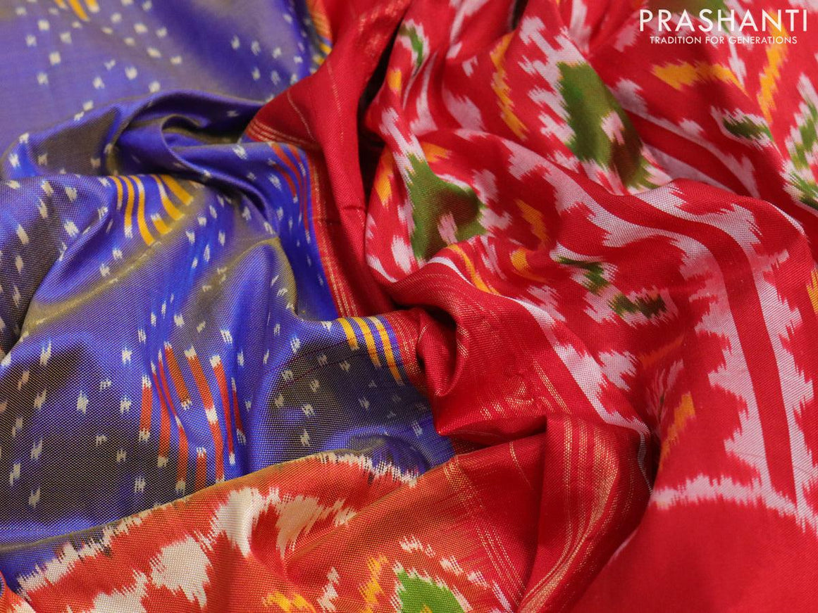 Pochampally silk saree blue and red with allover ikat weaves and long ikat woven zari border - {{ collection.title }} by Prashanti Sarees