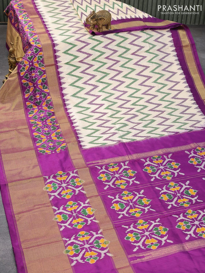 Pochampally silk saree cream and deep purple with allover zig zag weaves and long zari woven border - {{ collection.title }} by Prashanti Sarees