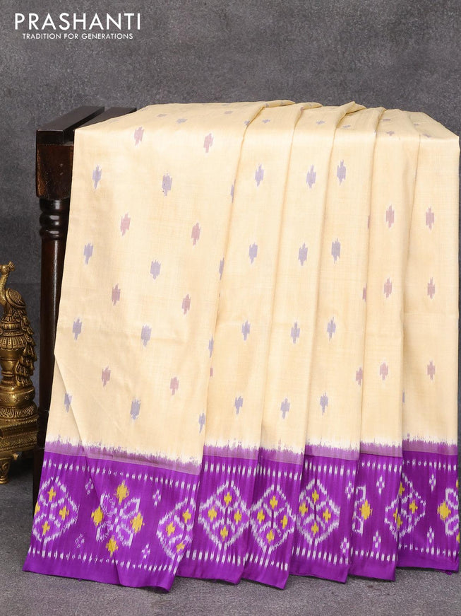 Pochampally silk saree cream and violet with allover ikat butta weaves and ikat woven border - {{ collection.title }} by Prashanti Sarees