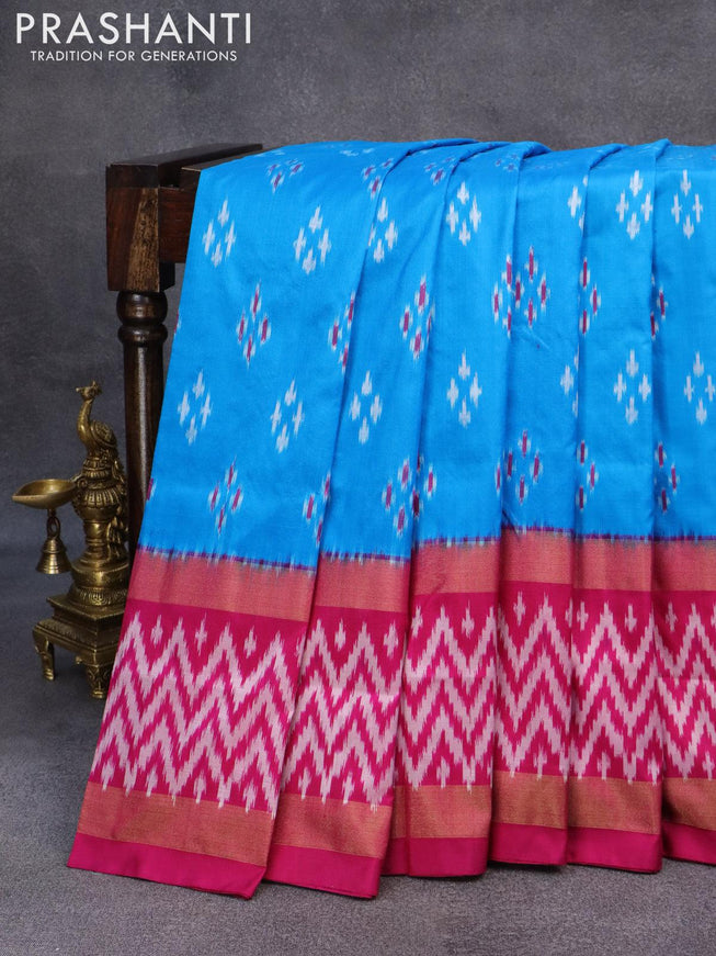 Pochampally silk saree cs blue and pink with allover ikat butta weaves and zari woven ikat style border - {{ collection.title }} by Prashanti Sarees