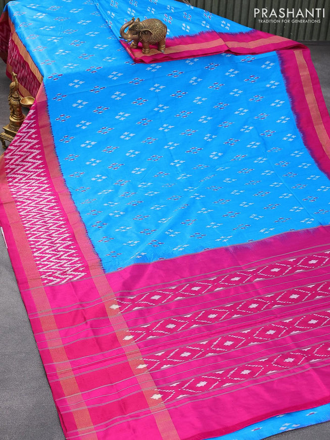 Pochampally silk saree cs blue and pink with allover ikat butta weaves and zari woven ikat style border - {{ collection.title }} by Prashanti Sarees