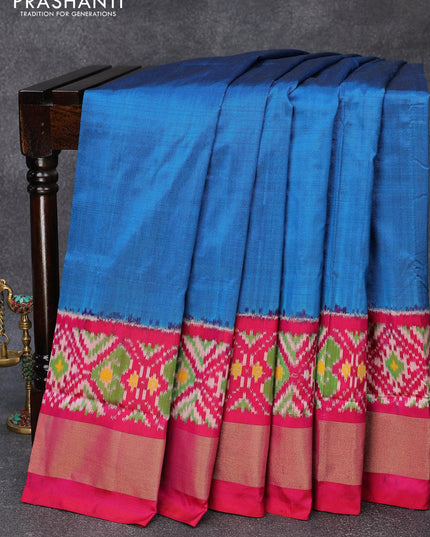 Pochampally silk saree cs blue and pink with plain body and ikat style zari woven border - {{ collection.title }} by Prashanti Sarees