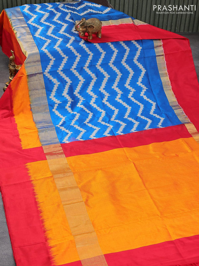 Pochampally silk saree cs blue and red with allover zig zag weaves and zari woven simple border - {{ collection.title }} by Prashanti Sarees