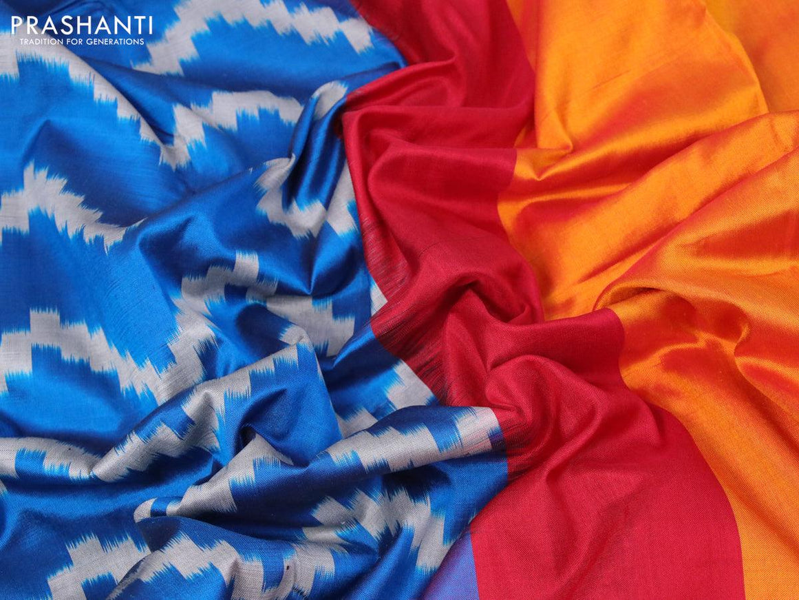 Pochampally silk saree cs blue and red with allover zig zag weaves and zari woven simple border - {{ collection.title }} by Prashanti Sarees