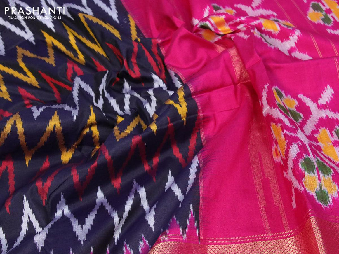 Pochampally silk saree dark blue and magenta pink with allover ikat prints and long zari woven border - {{ collection.title }} by Prashanti Sarees