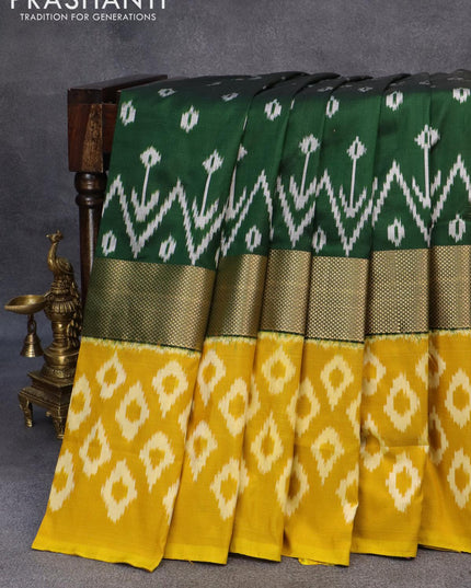 Pochampally silk saree dark green and yellow with allover ikat butta weaves and zari woven ikat style border - {{ collection.title }} by Prashanti Sarees
