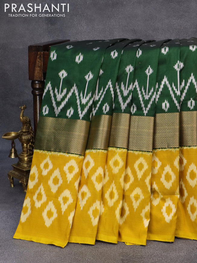 Pochampally silk saree dark green and yellow with allover ikat butta weaves and zari woven ikat style border - {{ collection.title }} by Prashanti Sarees