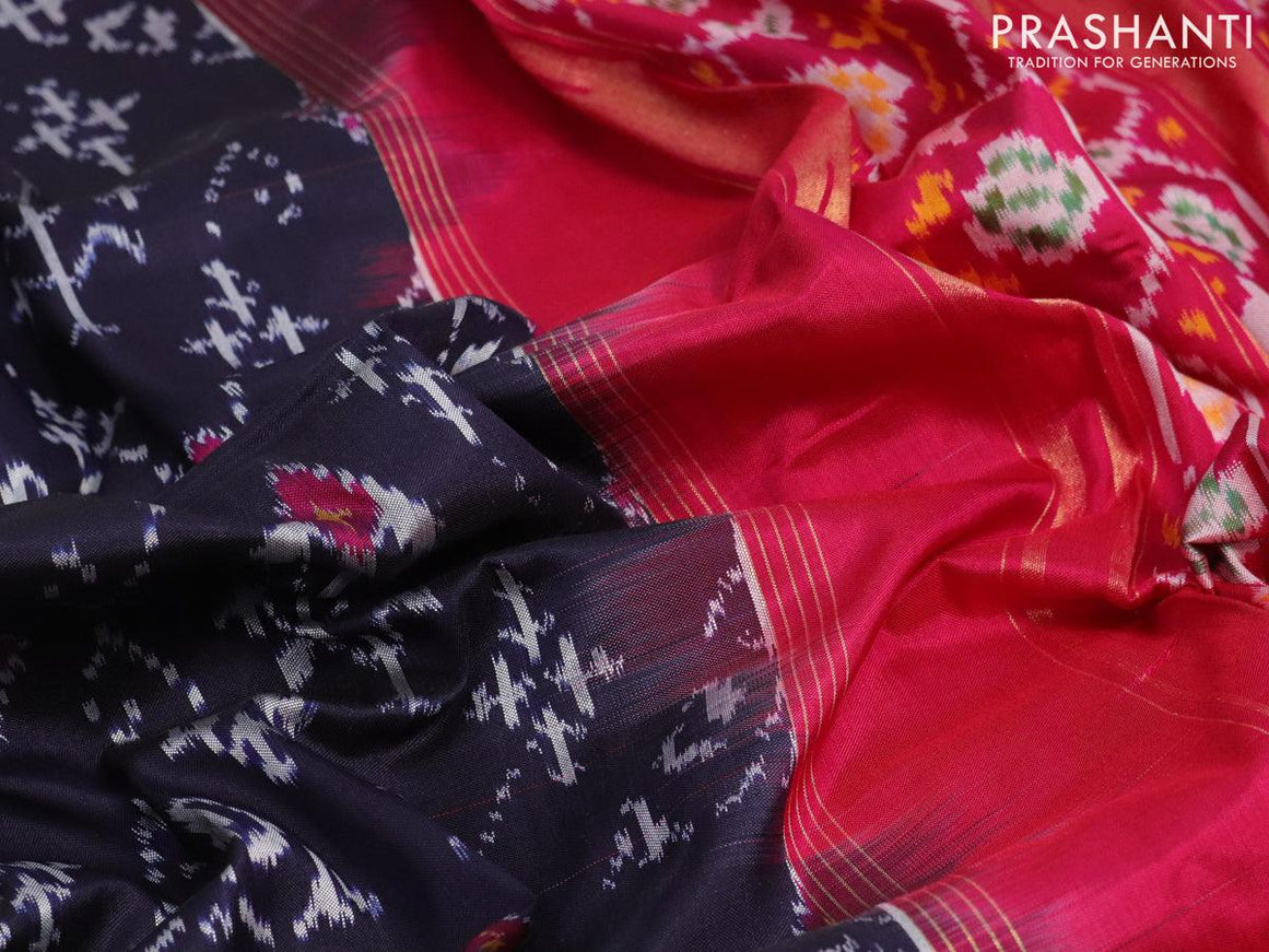 Pochampally silk saree dark navy blue and pink with allover ikat weaves and long ikat woven zari border - {{ collection.title }} by Prashanti Sarees
