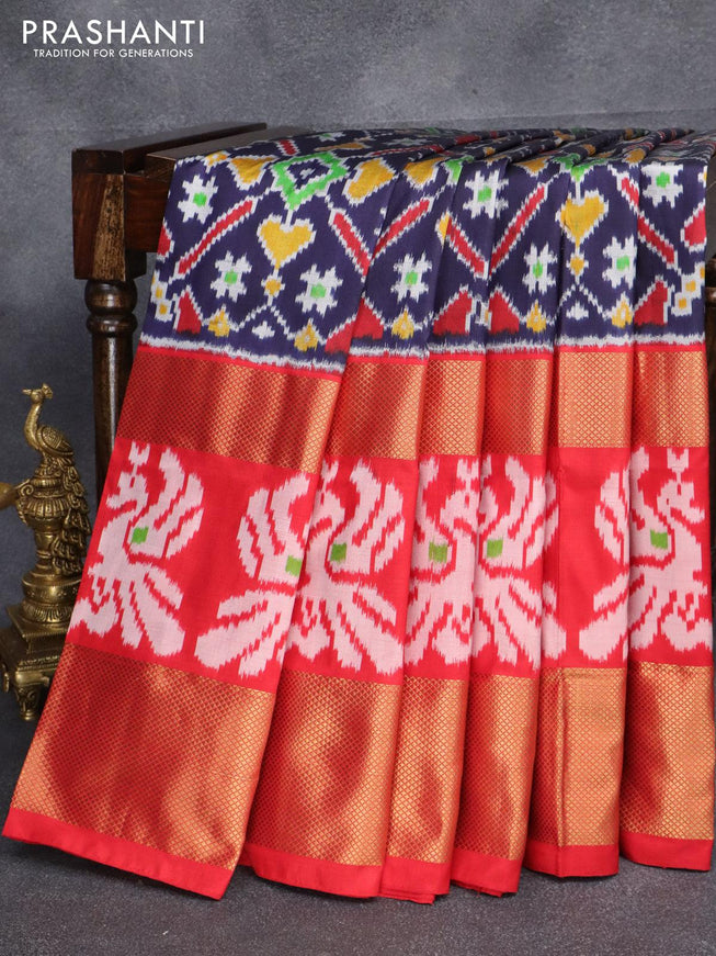 Pochampally silk saree dark navy blue and red with allover ikat weaves and zari woven border - {{ collection.title }} by Prashanti Sarees