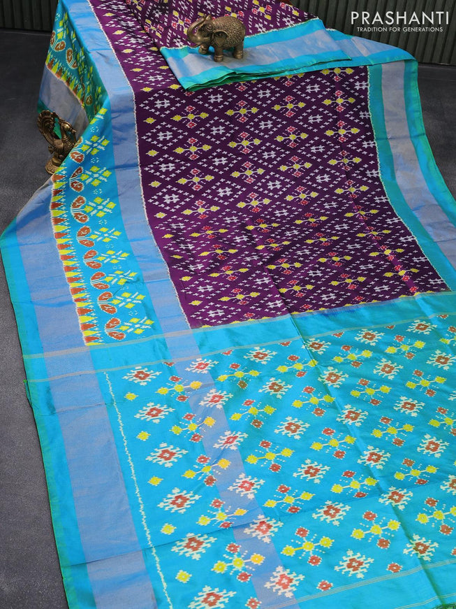 Pochampally silk saree deep purple and dual shade of teal bluish green with allover ikat weaves and long ikat woven zari border - {{ collection.title }} by Prashanti Sarees
