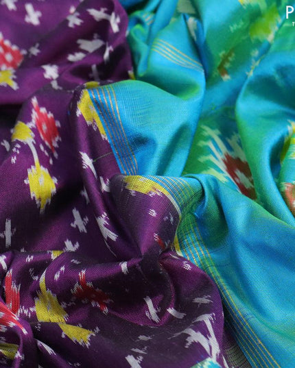 Pochampally silk saree deep purple and dual shade of teal bluish green with allover ikat weaves and long ikat woven zari border - {{ collection.title }} by Prashanti Sarees