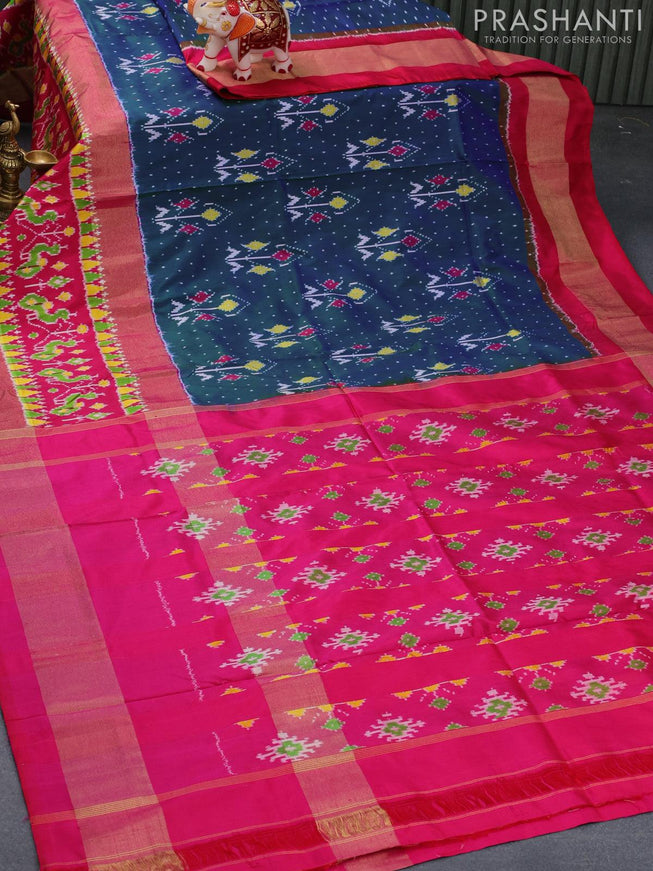 Pochampally silk saree dual shade of dark greenish blue and pink with allover ikat weaves and long zari woven ikat border - {{ collection.title }} by Prashanti Sarees