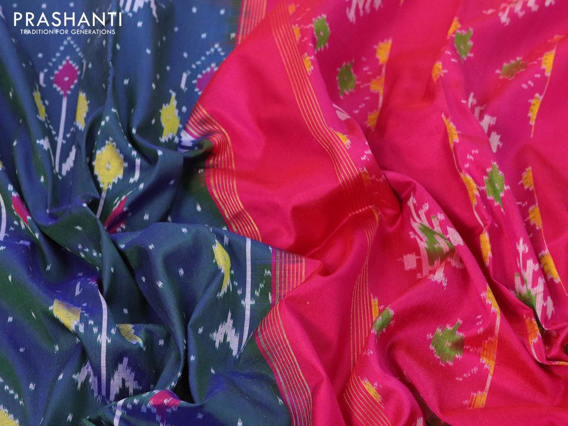 Pochampally silk saree dual shade of dark greenish blue and pink with allover ikat weaves and long zari woven ikat border - {{ collection.title }} by Prashanti Sarees