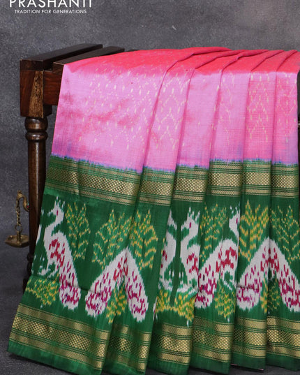 Pochampally silk saree dual shade of pink and green with allover ikat weaves and long ikat woven zari border - {{ collection.title }} by Prashanti Sarees