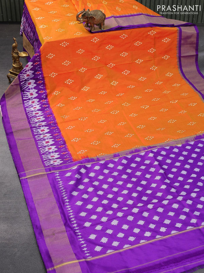 Pochampally silk saree dual shade off orange and violet with allover ikat weaves and zari woven border - {{ collection.title }} by Prashanti Sarees