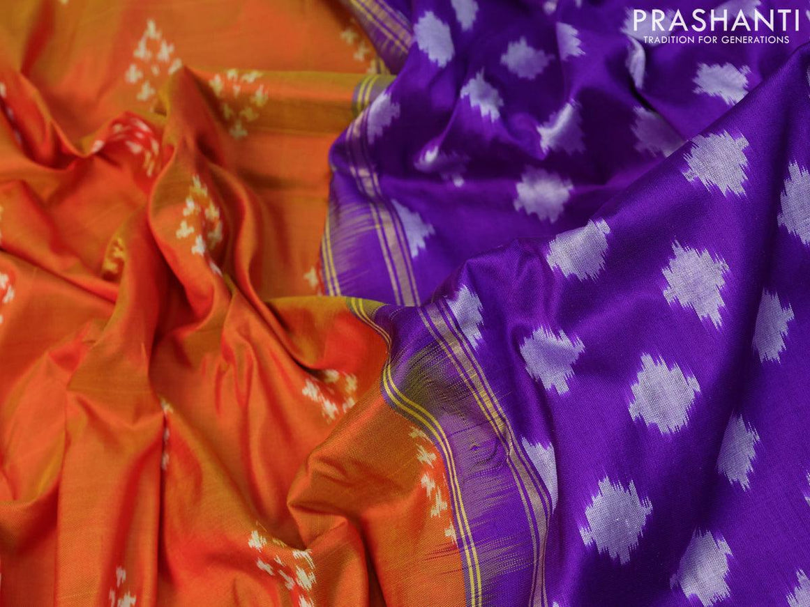 Pochampally silk saree dual shade off orange and violet with allover ikat weaves and zari woven border - {{ collection.title }} by Prashanti Sarees