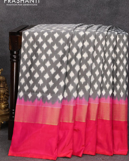 Pochampally silk saree elephant grey and pink with allover ikat butta weaves and zari woven simple border - {{ collection.title }} by Prashanti Sarees