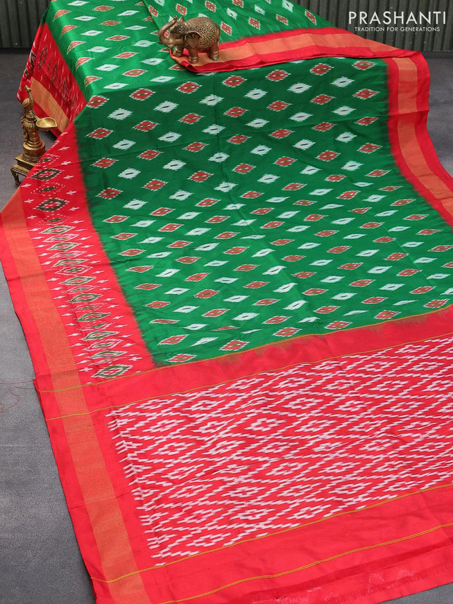 Pochampally silk saree green and red with allover ikat butta weaves and ikat woven zari border - {{ collection.title }} by Prashanti Sarees