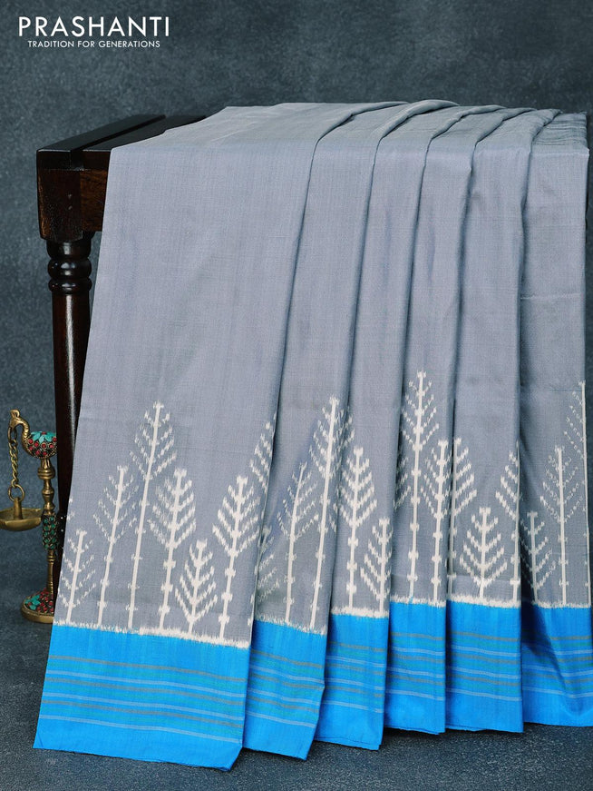 Pochampally silk saree grey and light blue with plain body and ikat woven simple border - {{ collection.title }} by Prashanti Sarees
