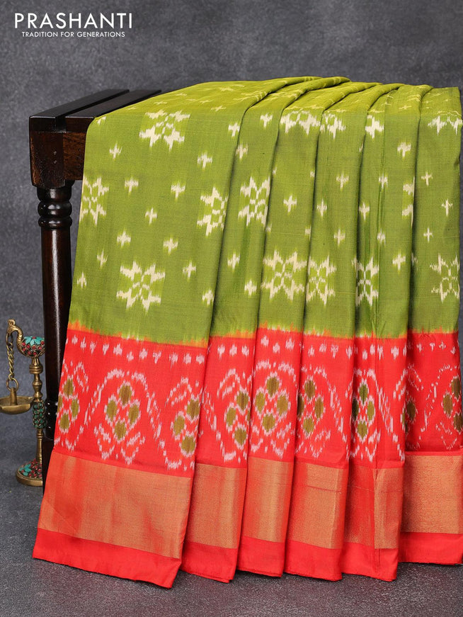 Pochampally silk saree light green and orange with allover ikat weaves and ikat woven zari border - {{ collection.title }} by Prashanti Sarees