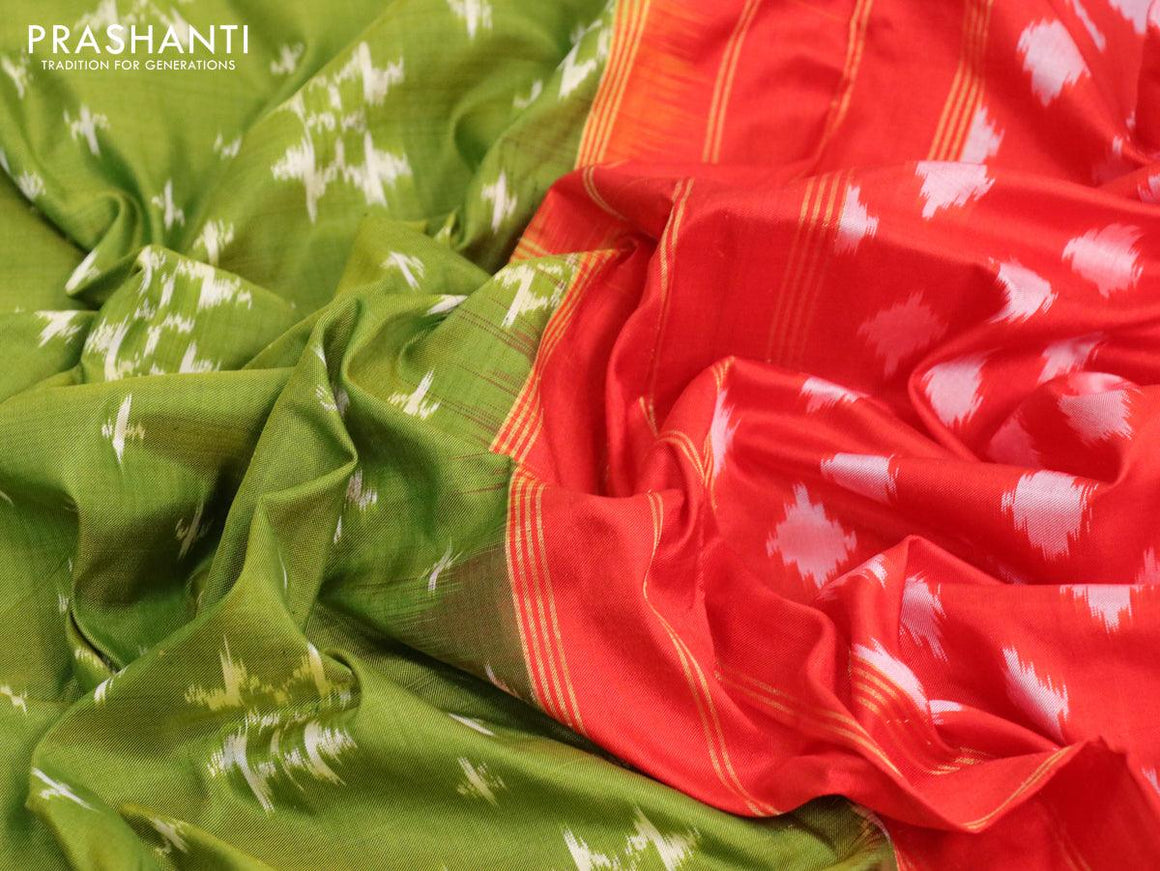 Pochampally silk saree light green and orange with allover ikat weaves and ikat woven zari border - {{ collection.title }} by Prashanti Sarees