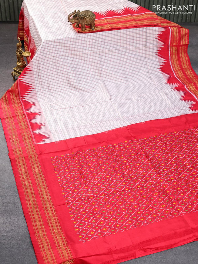 Pochampally silk saree off white and red with allover checked pattern and temple design zari woven border - {{ collection.title }} by Prashanti Sarees
