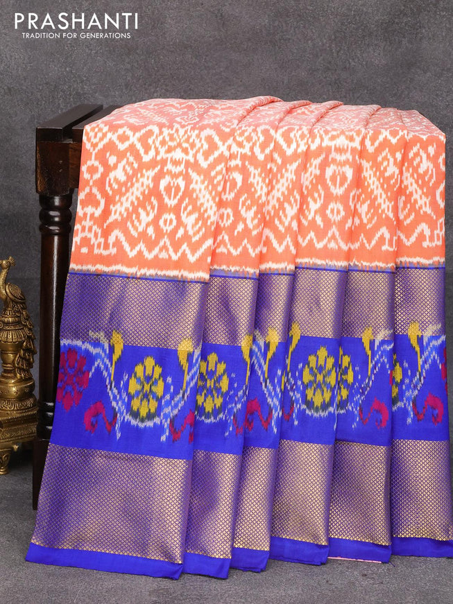 Pochampally silk saree orange and blue with allover ikat weaves and long ikat woven zari border - {{ collection.title }} by Prashanti Sarees