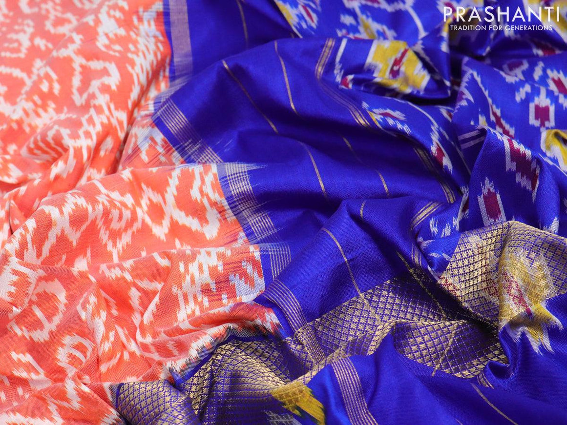 Pochampally silk saree orange and blue with allover ikat weaves and long ikat woven zari border - {{ collection.title }} by Prashanti Sarees